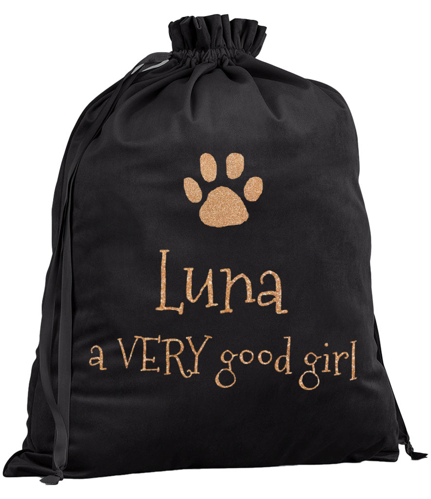 Personalised Velvet Dog Christmas Sack with Glitter Paw & “A Very Good Girl/Boy”