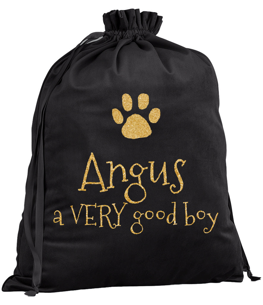 Personalised Velvet Dog Christmas Sack with Glitter Paw & “A Very Good Girl/Boy”