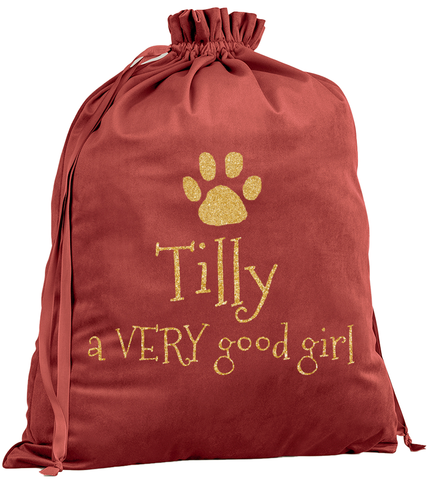 Personalised Velvet Dog Christmas Sack with Glitter Paw & “A Very Good Girl/Boy”