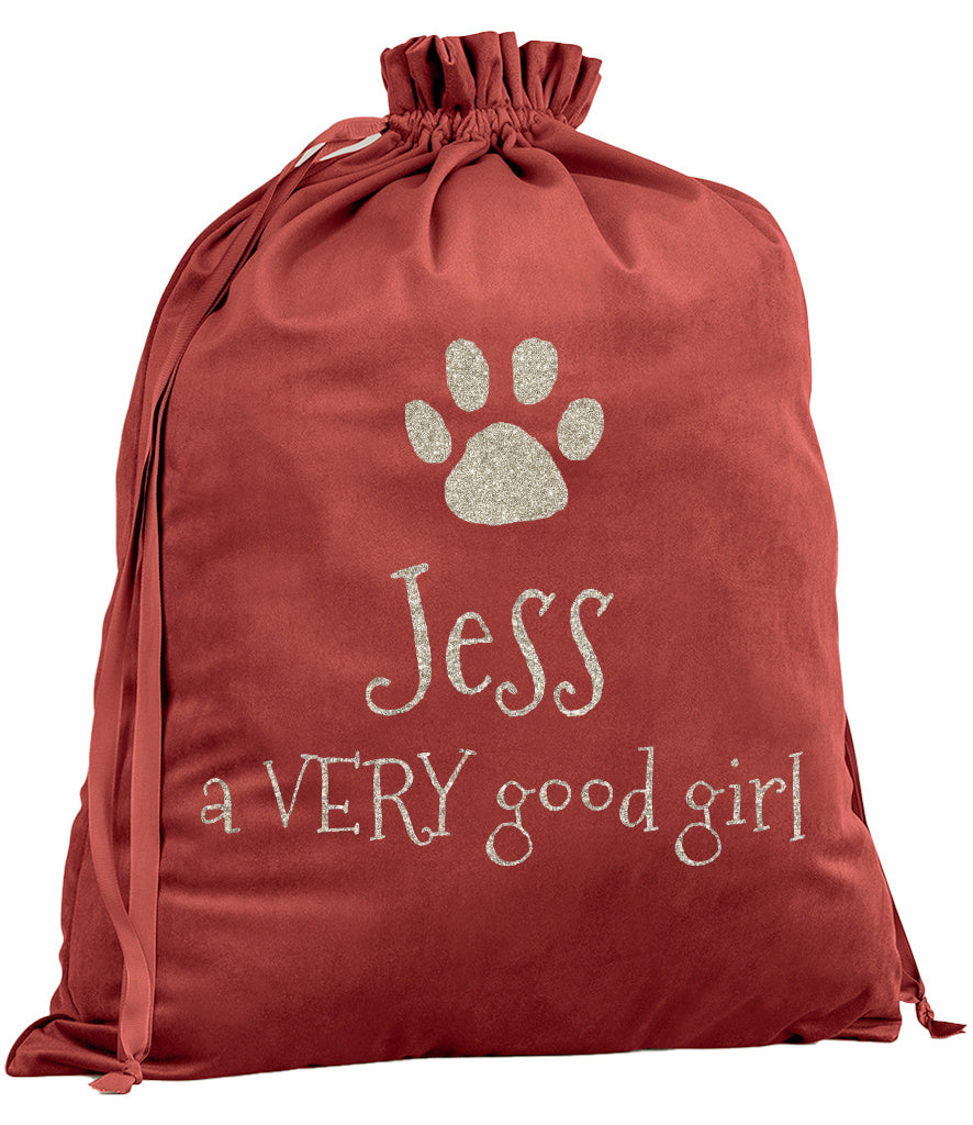 Personalised Velvet Dog Christmas Sack with Glitter Paw & “A Very Good Girl/Boy”