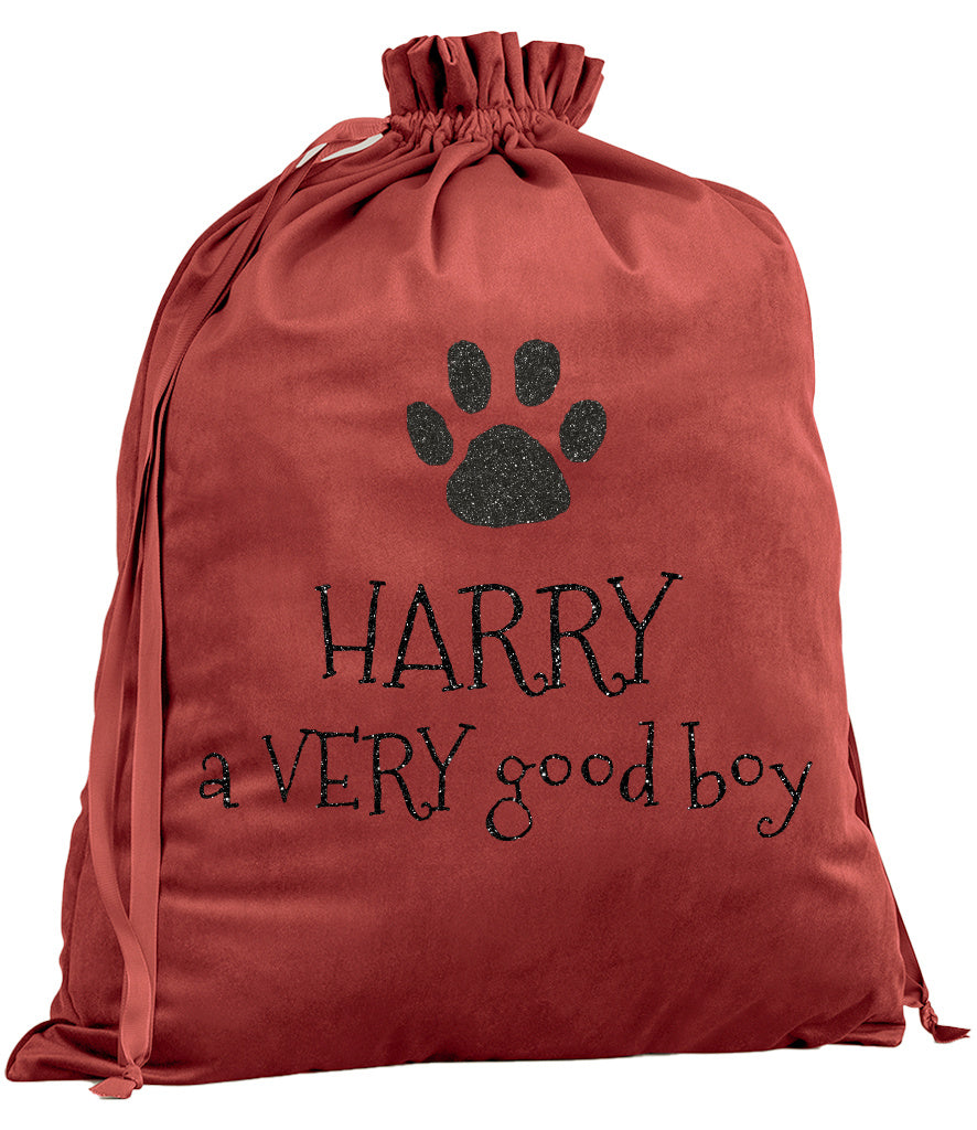 Personalised Velvet Dog Christmas Sack with Glitter Paw & “A Very Good Girl/Boy”