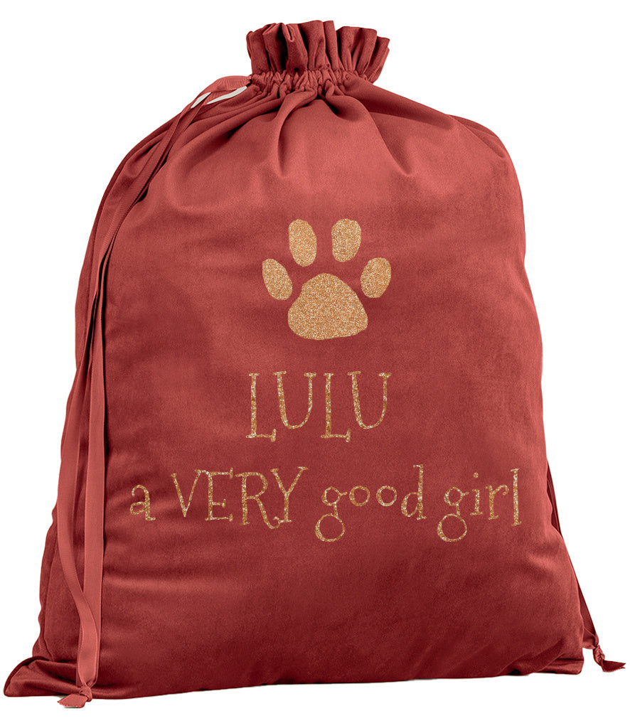 Personalised Velvet Dog Christmas Sack with Glitter Paw & “A Very Good Girl/Boy”