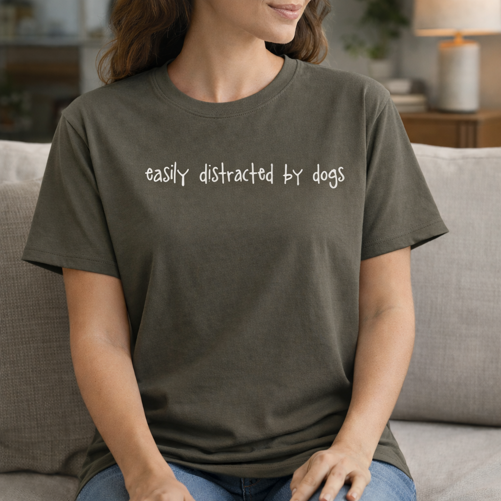 Easily Distracted by Dogs T-Shirt - Military Green Unisex Size M (38")