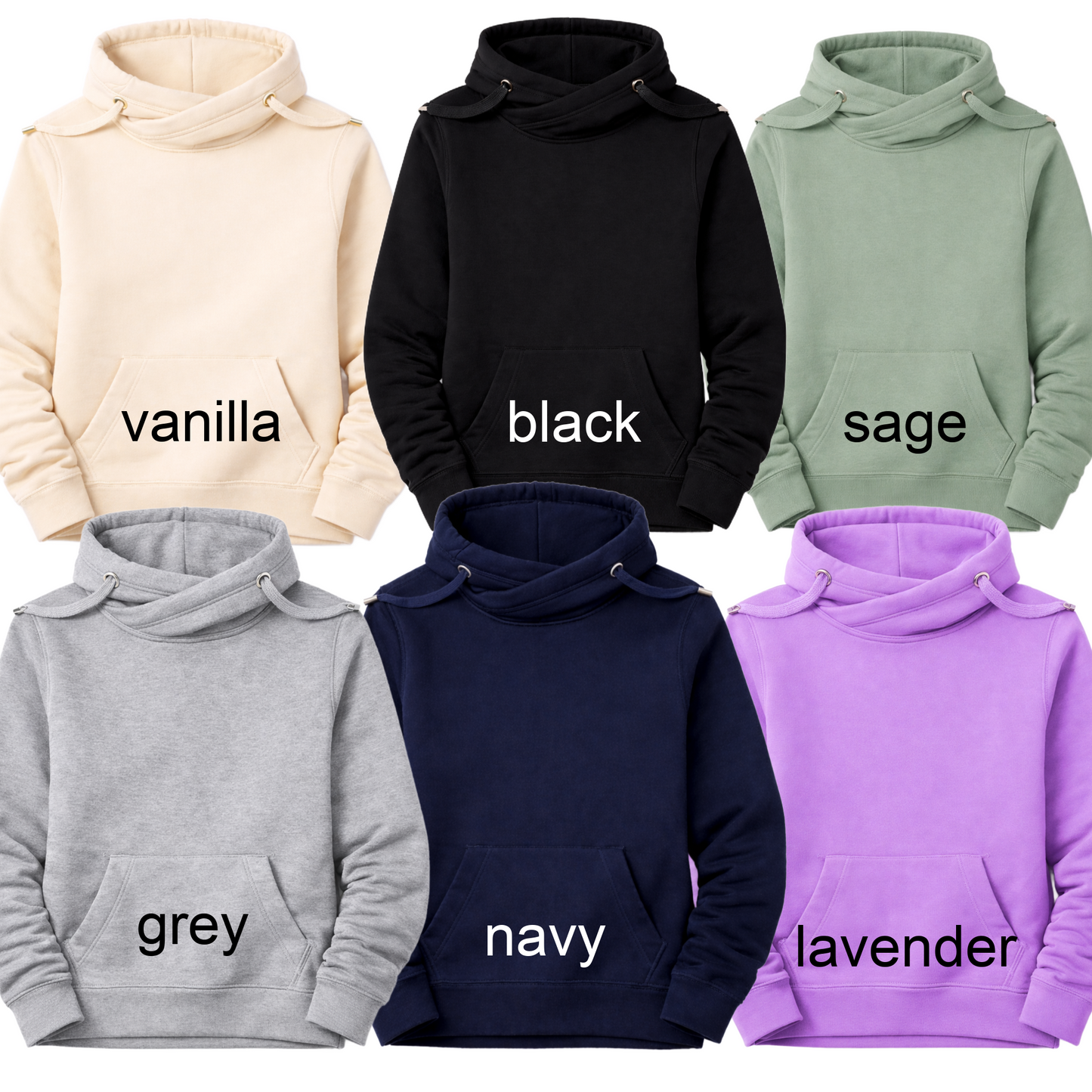 Collection of hoodies in various colors with labels on a white background