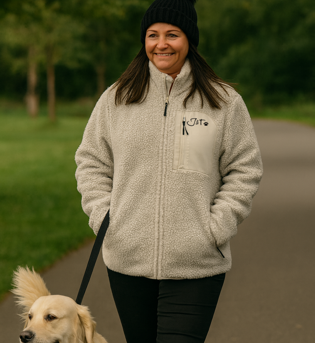 Woman in a light gray fleece jacket with a logo, standing outdoors with a dog on a leash.