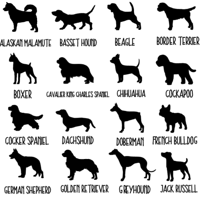 Silhouettes of various dog breeds arranged in a grid.