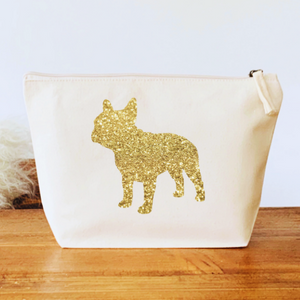 French Bulldog Make Up Bag - Natural with Gold Glitter