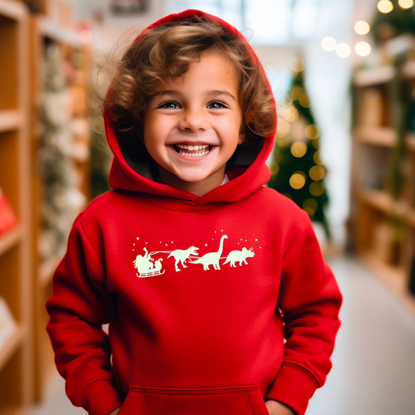 Kids Glow in the Dark Christmas Hoodie - Santa and Dinosaurs Design
