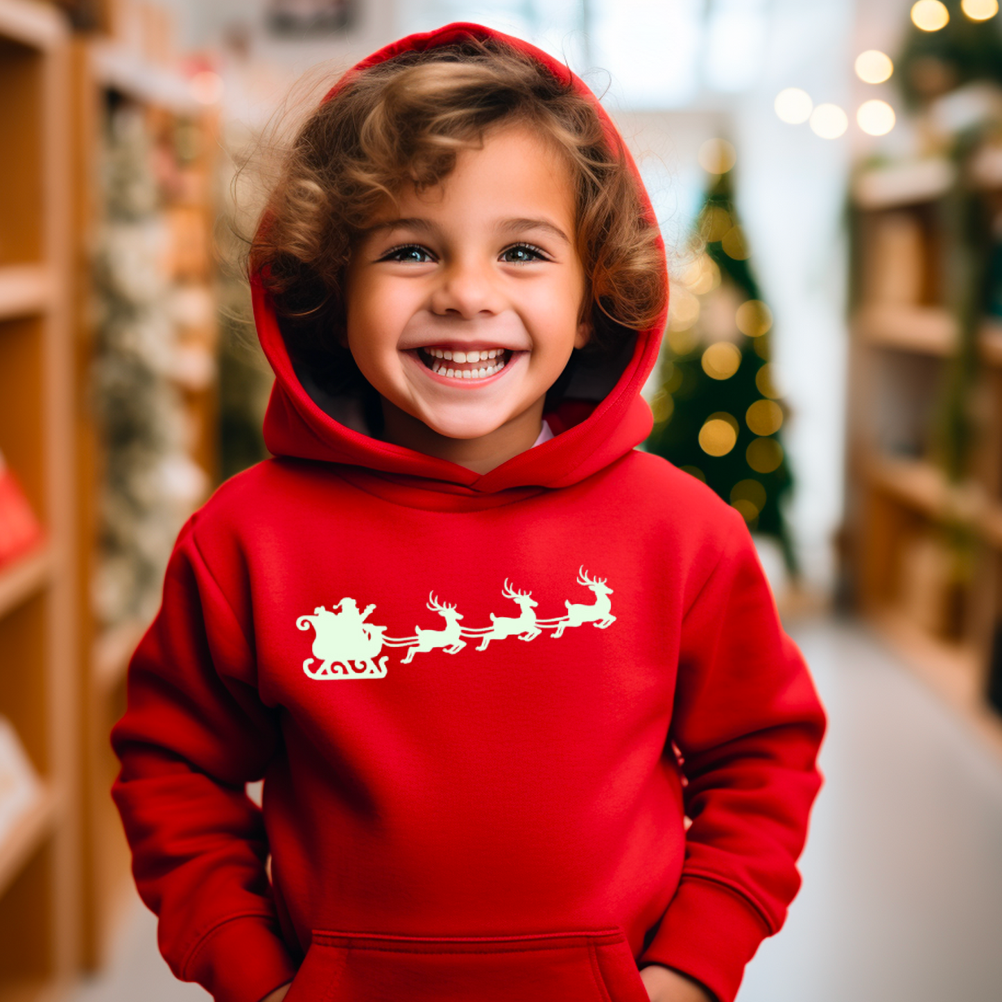 A child wearing a red hoodie with a glow-in-the-dark Santa and his sleigh design, standing in a store with Christmas decorations in the background.