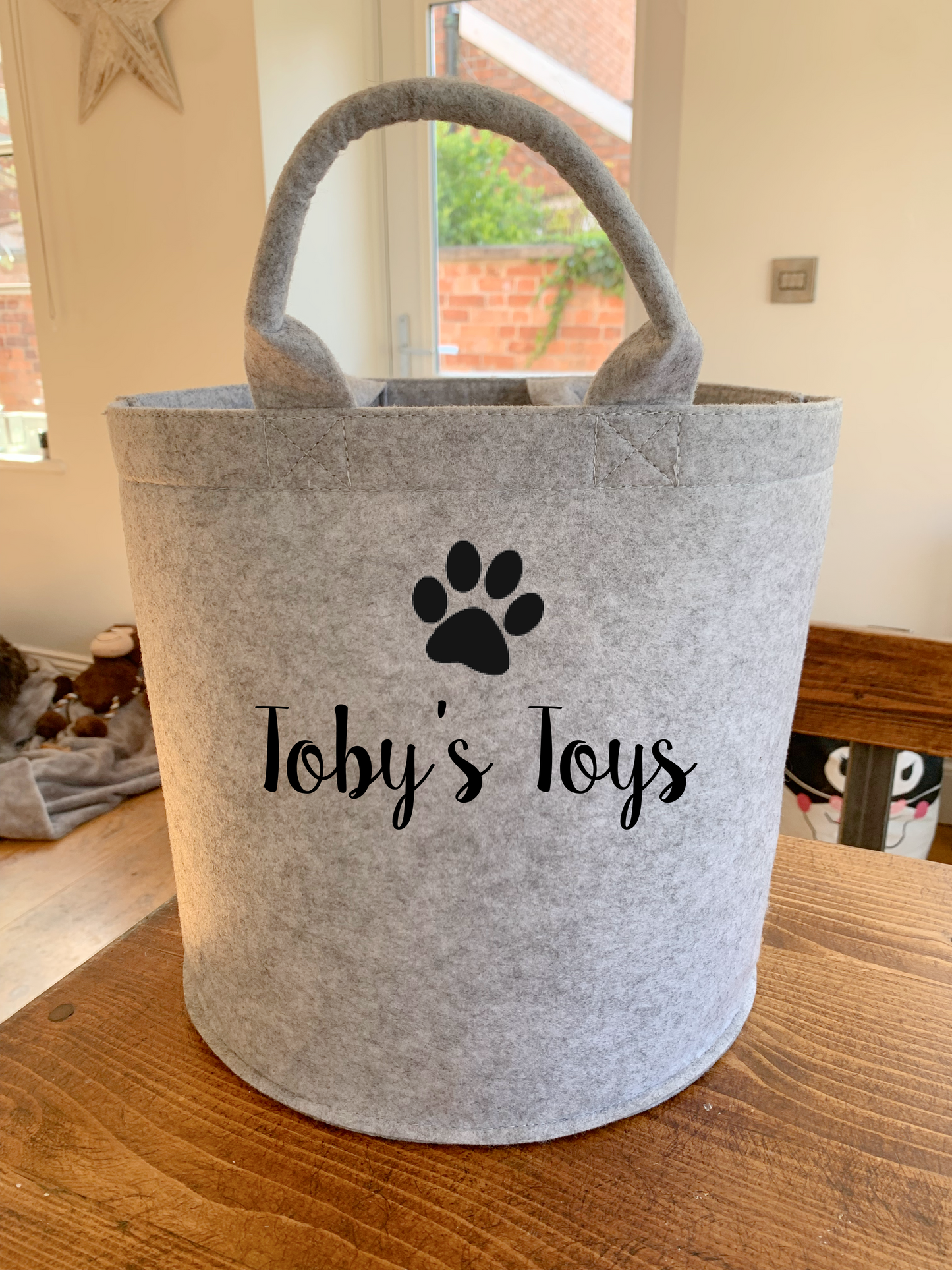 ght grey personalised felt dog toy basket