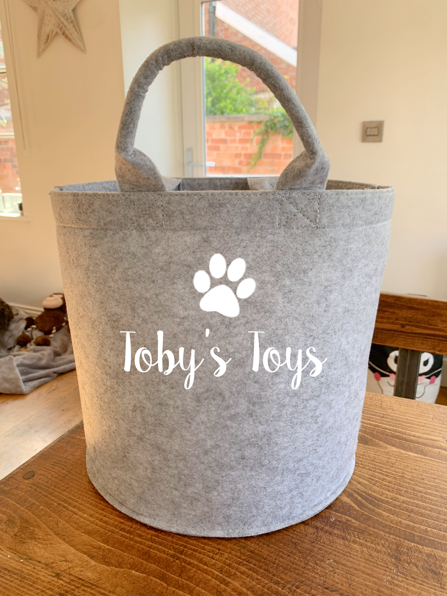 ght grey personalised felt dog toy basket