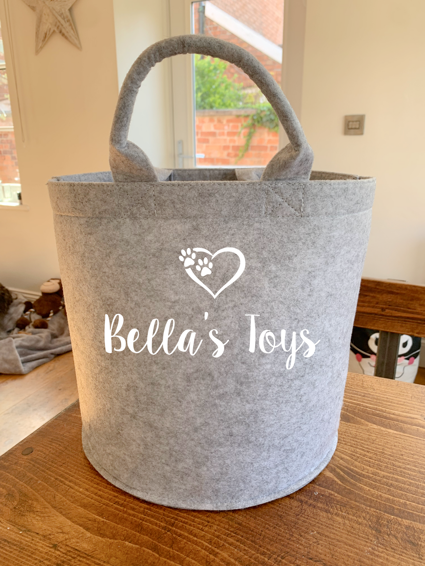 light grey personalised felt dog toy basket