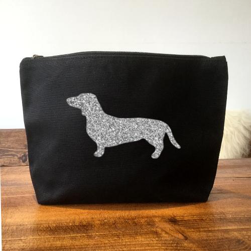 silver dachshund on black make up bag