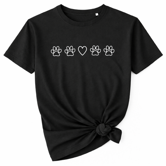 Paw Prints and Heart T-Shirt - Black Size XS - 30-32" (UK 8-10)