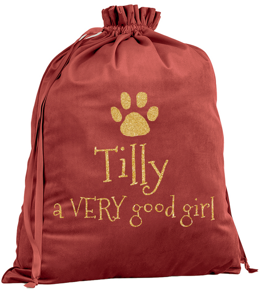 Personalised Velvet Dog Christmas Sack with Glitter Paw & “A Very Good Girl/Boy”