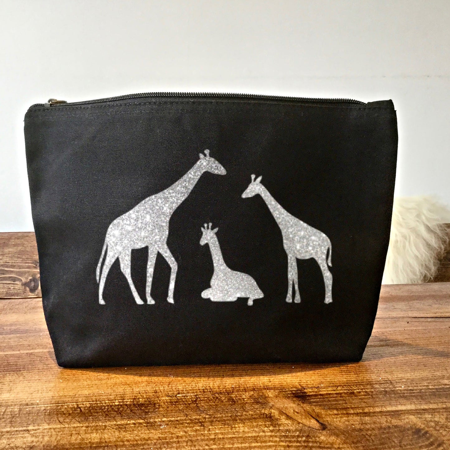 Giraffe Makeup Bag - Black with Silver Glitter