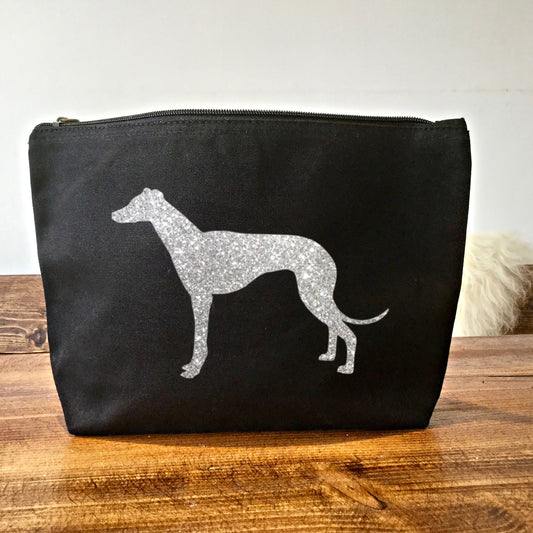 Greyhound Makeup Bag - Black with Silver Glitter