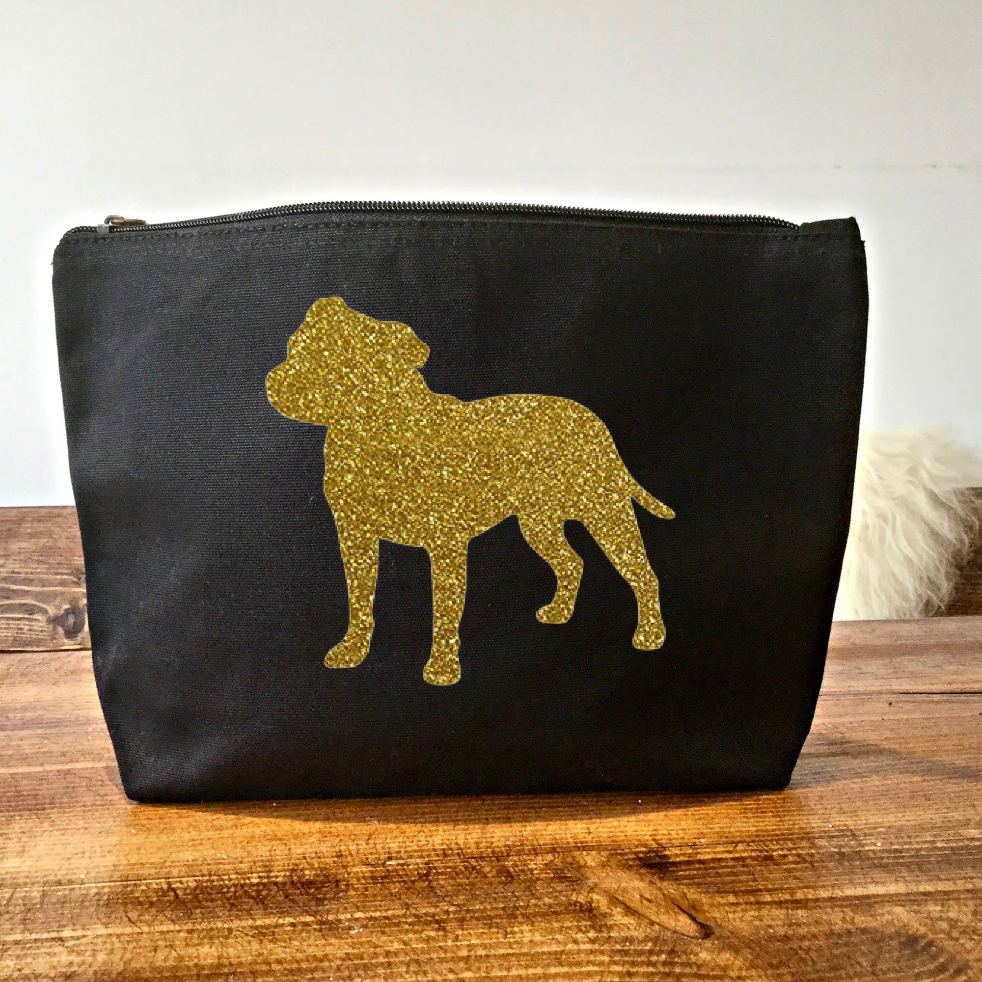 Staffordshire Bull Terrier Makeup Bag - Black with Gold Glitter