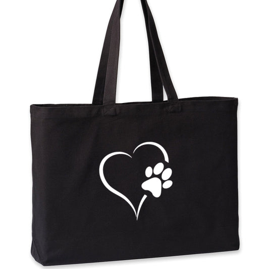Heart and Paws Black Canvas  Maxi Tote Bag