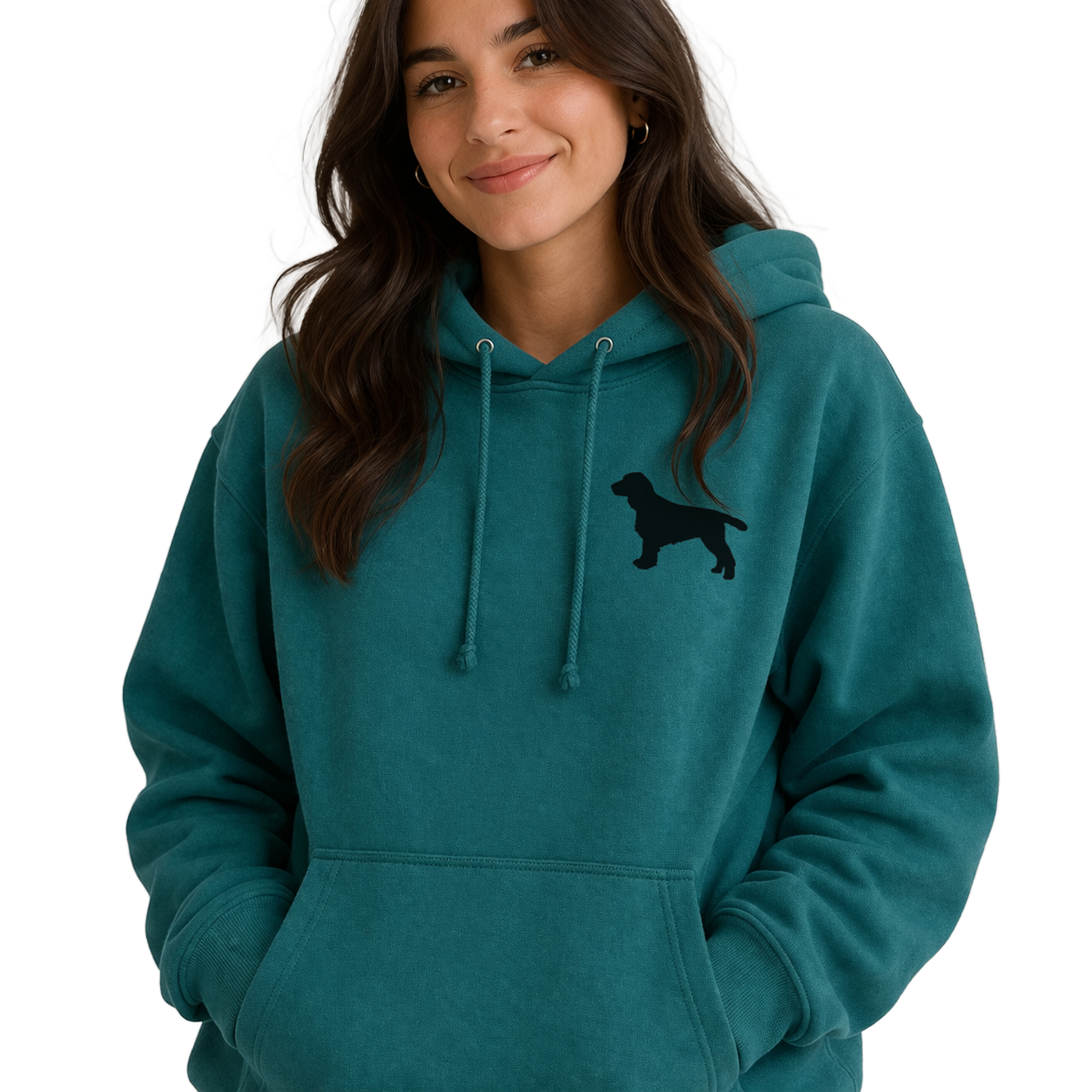 Person wearing a teal hoodie with a black dog silhouette on a white background