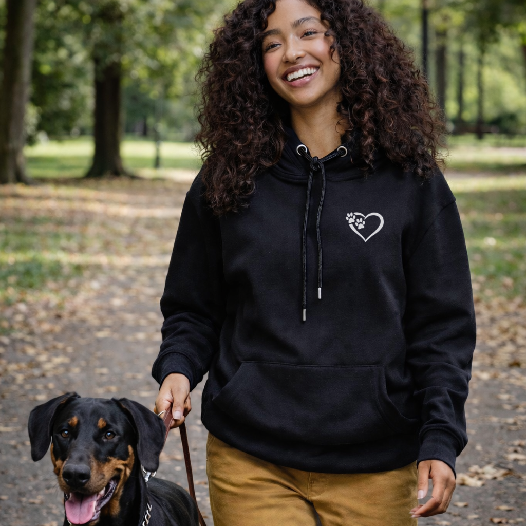 Woman wearing a black hoodie with a heart and paw print design, standing outdoors with a dog.