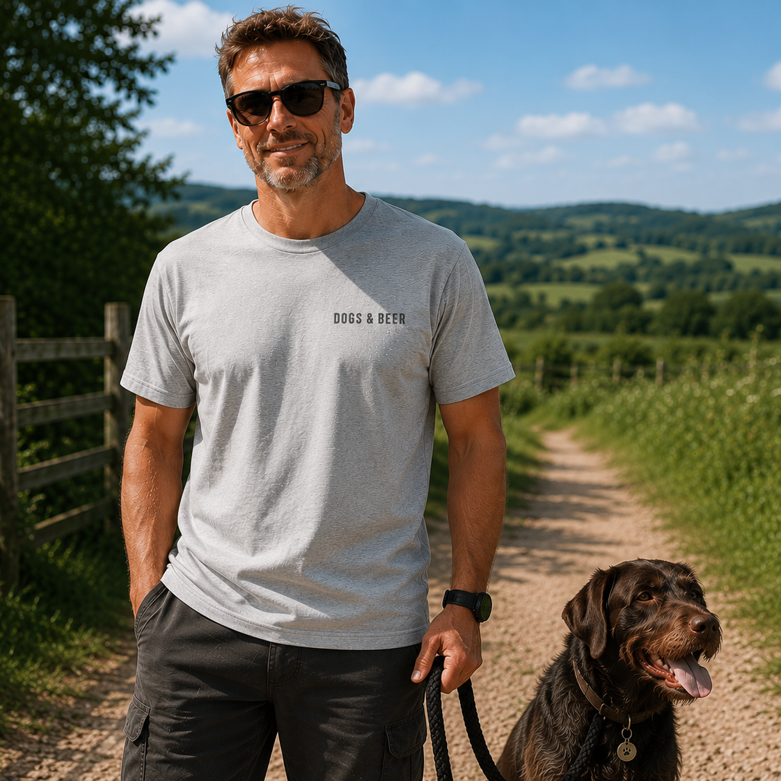 Man walking a dog on a path with a scenic landscape in the background