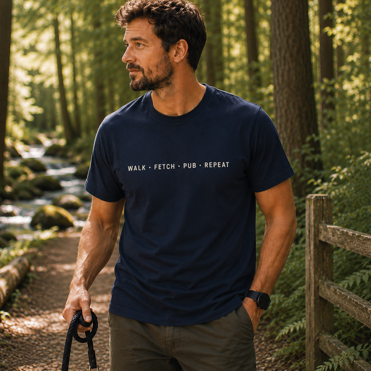 Man walking in a forest wearing a navy blue t-shirt with text.