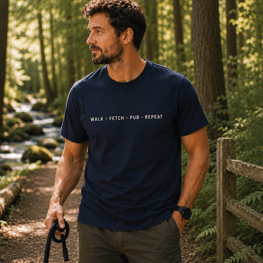 Man walking in a forest wearing a navy blue t-shirt with text.