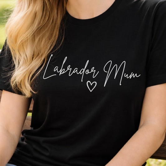 Person wearing a black t-shirt with 'Labrador Mum' text and heart symbol.