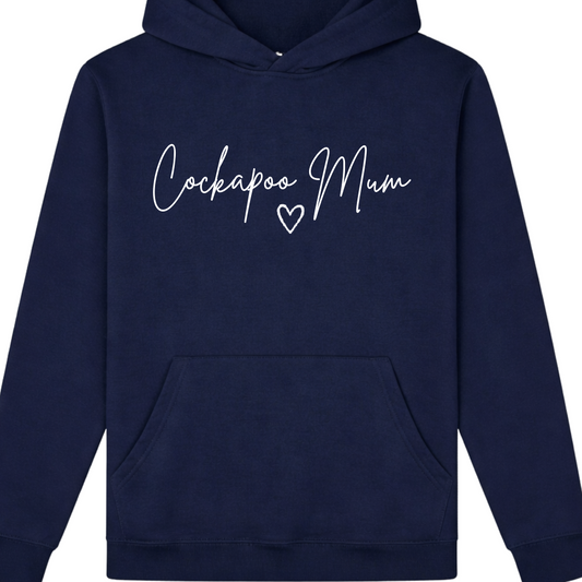 Navy blue hoodie with 'Cockapoo Mum' text on a white background