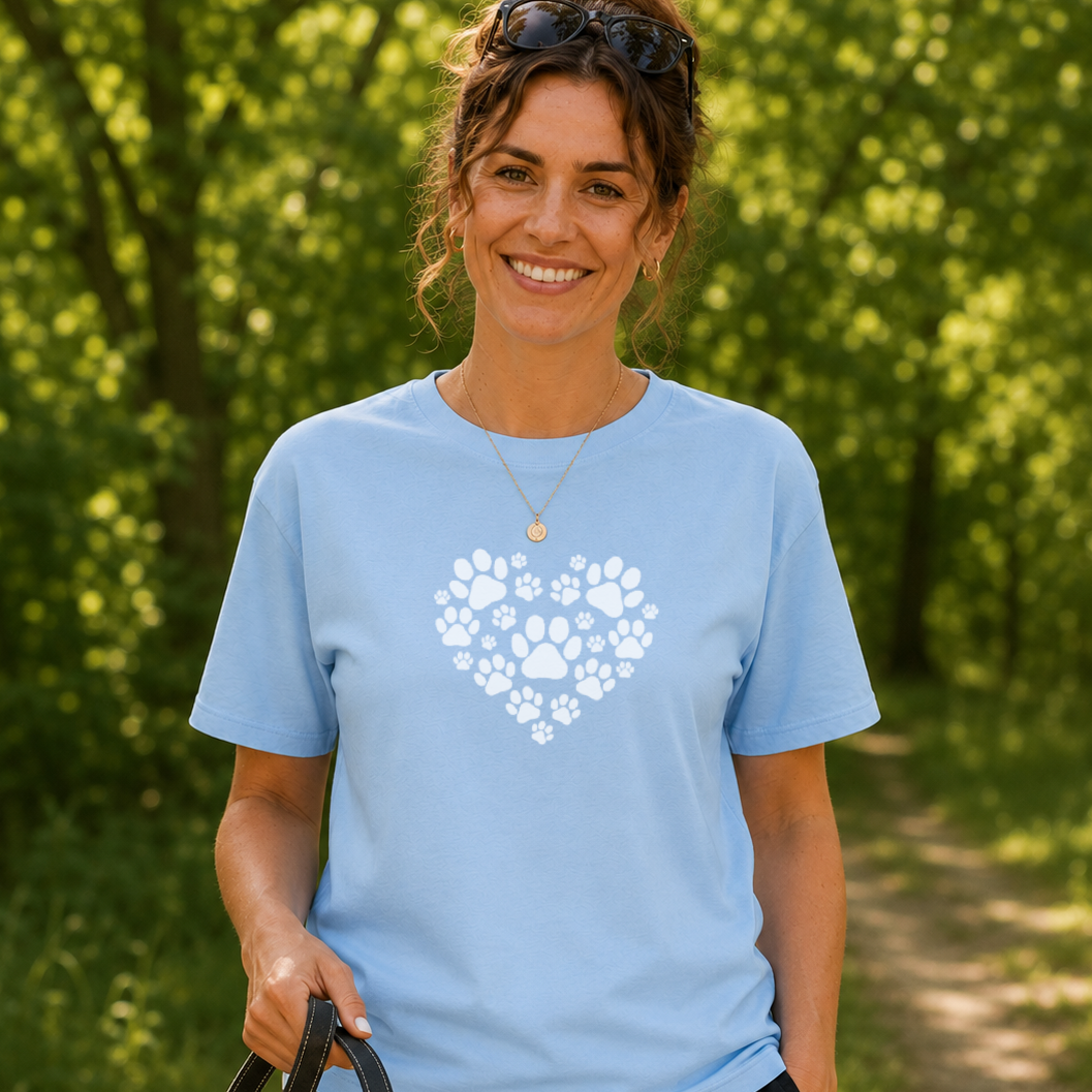 Woman wearing a light blue t-shirt with paw print design outdoors
