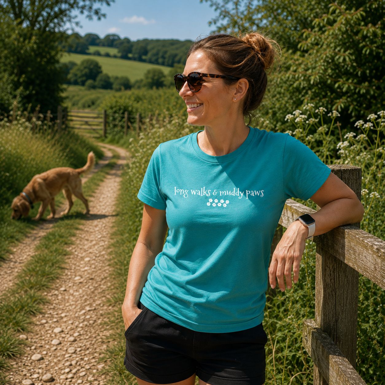 Woman in a blue t-shirt with 'Long walks & muddy paws' text, standing outdoors with a dog on a path.