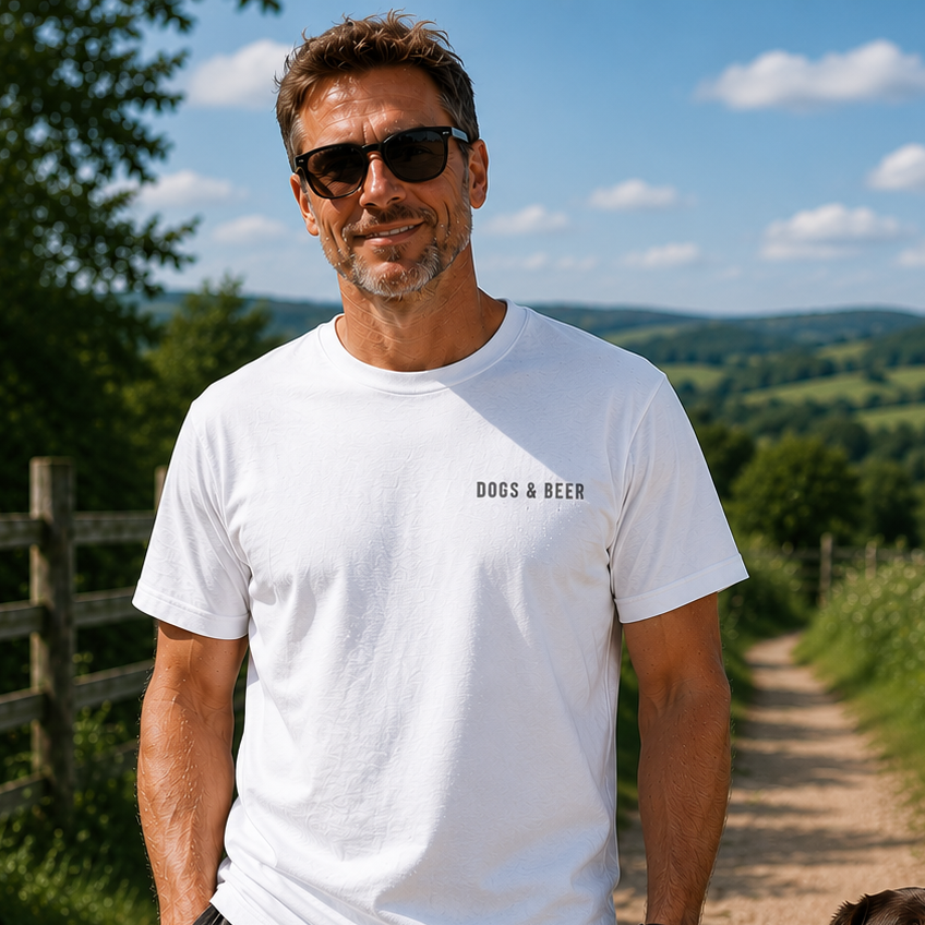 Man in a white t-shirt with a dog on a path in a scenic area