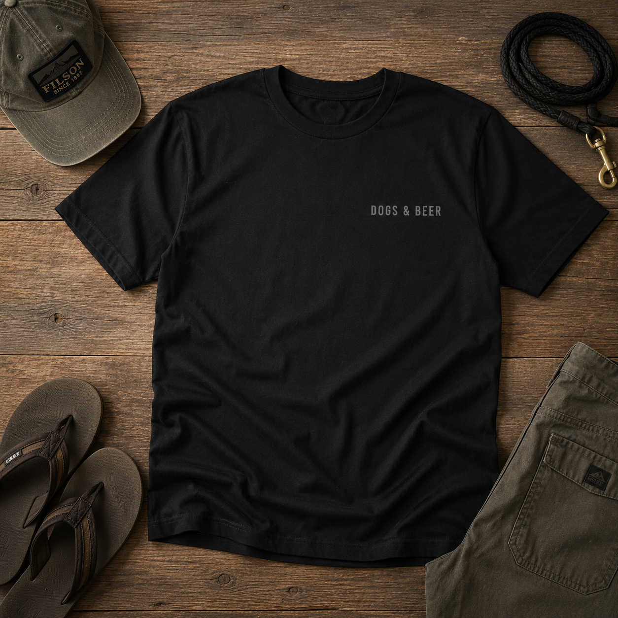 Black t-shirt with 'DOGS & BEER' text on a wooden surface with casual items like sandals and a cap.
