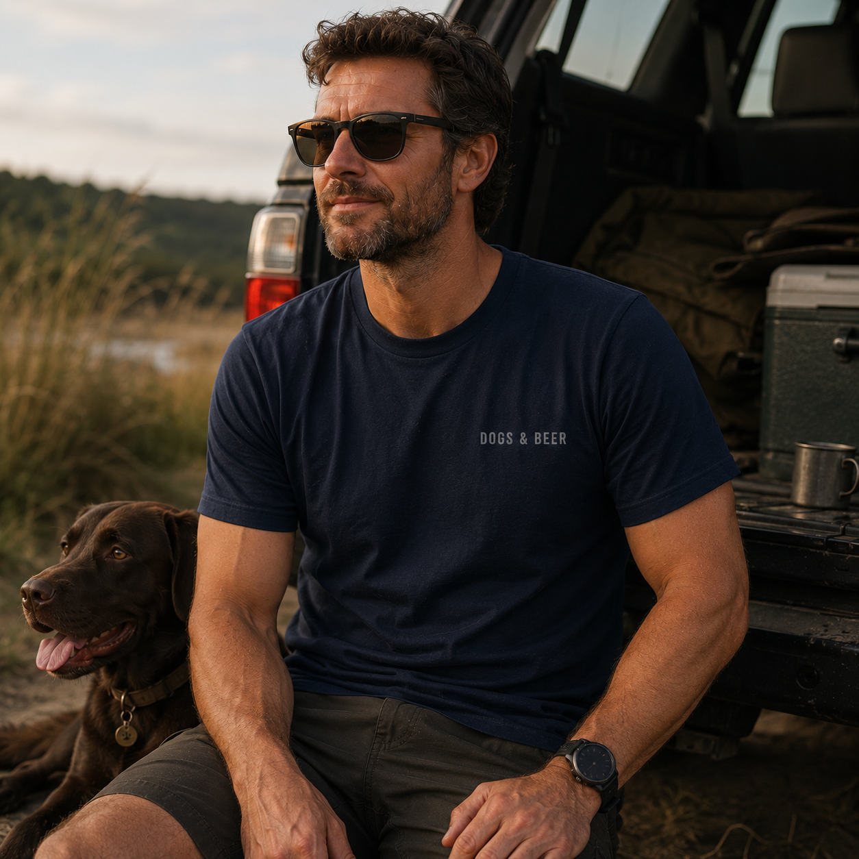 Man sitting outdoors with a dog, wearing a navy blue t-shirt with text, sunglasses, and a watch.