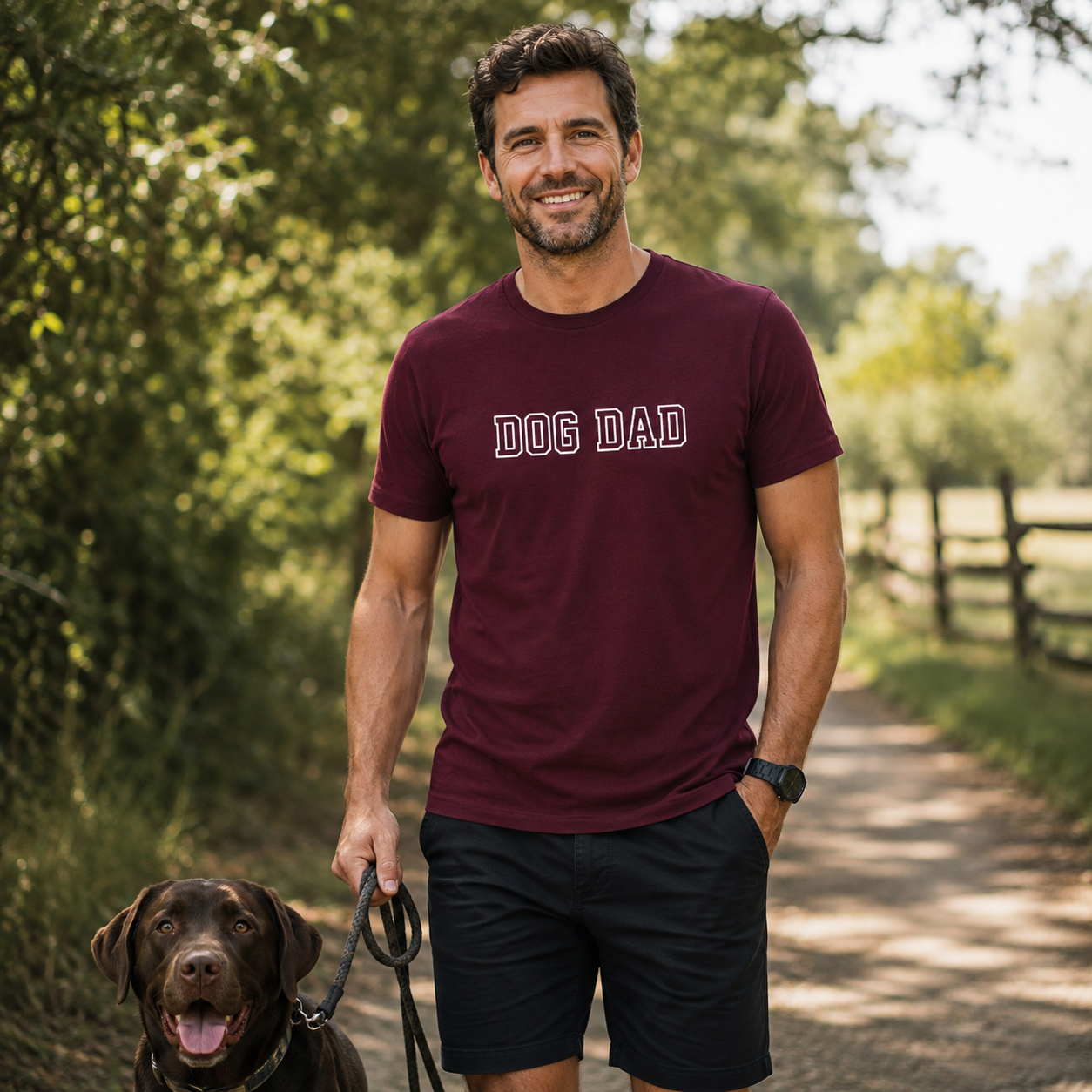 Man wearing a 'DOG DAD' t-shirt walking a dog on a path with trees in the background