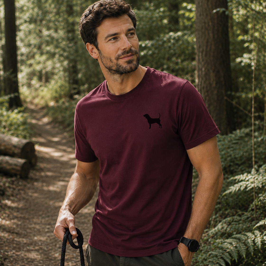 Man walking a dog on a leash in a forest wearing a maroon t-shirt with a black dog silhouette.