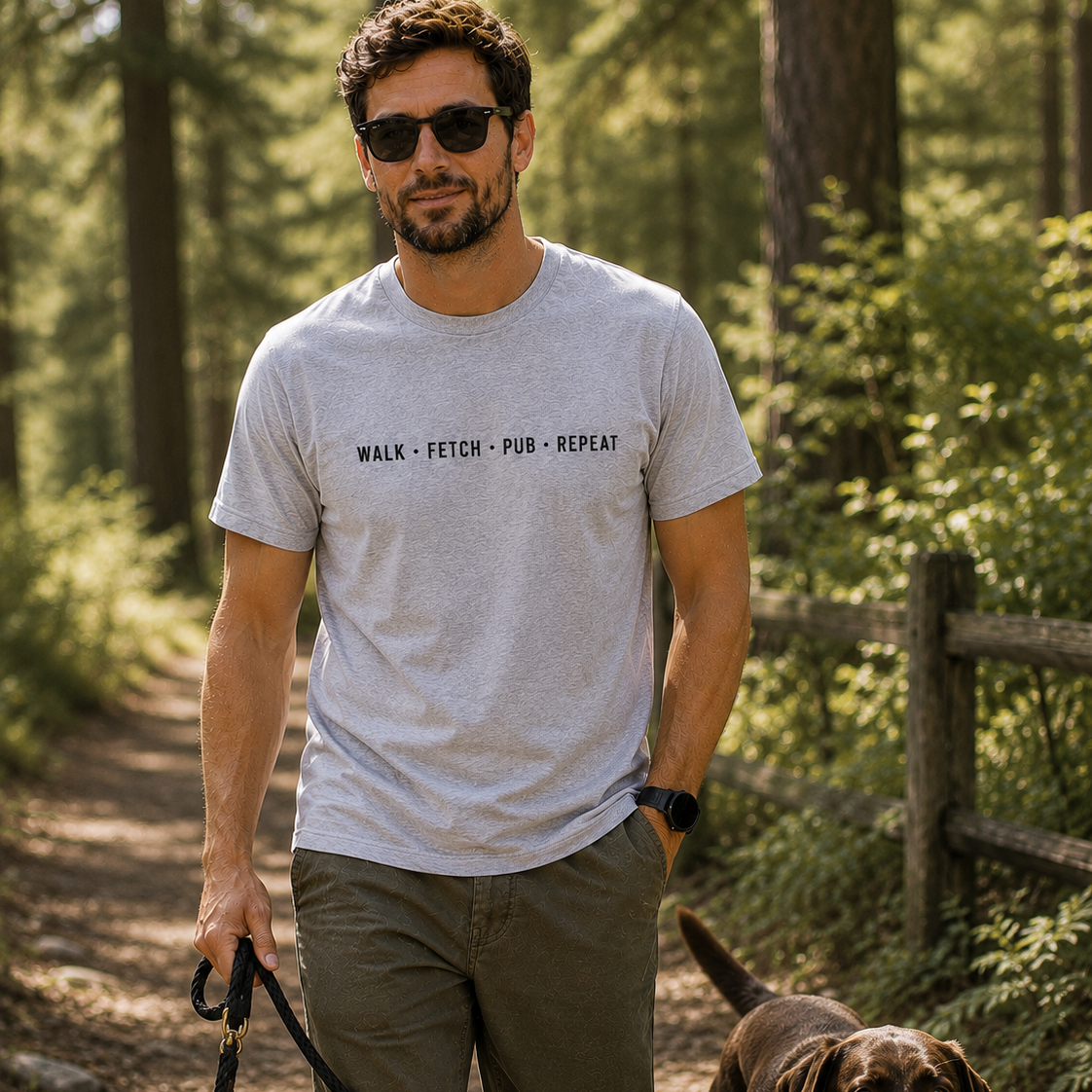 Man walking a dog in a forest wearing a t-shirt with text.