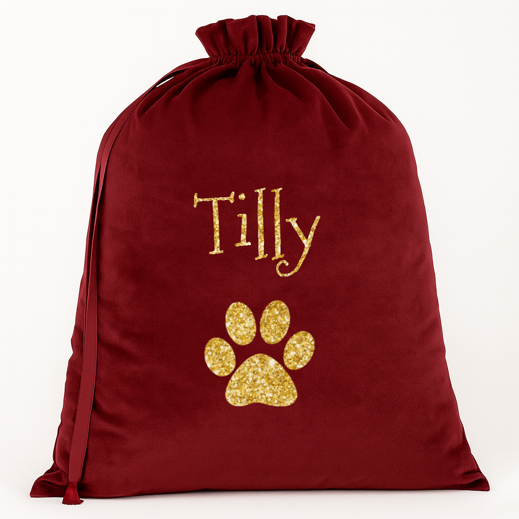Named Velvet Dog Christmas Sack with Glitter Paw