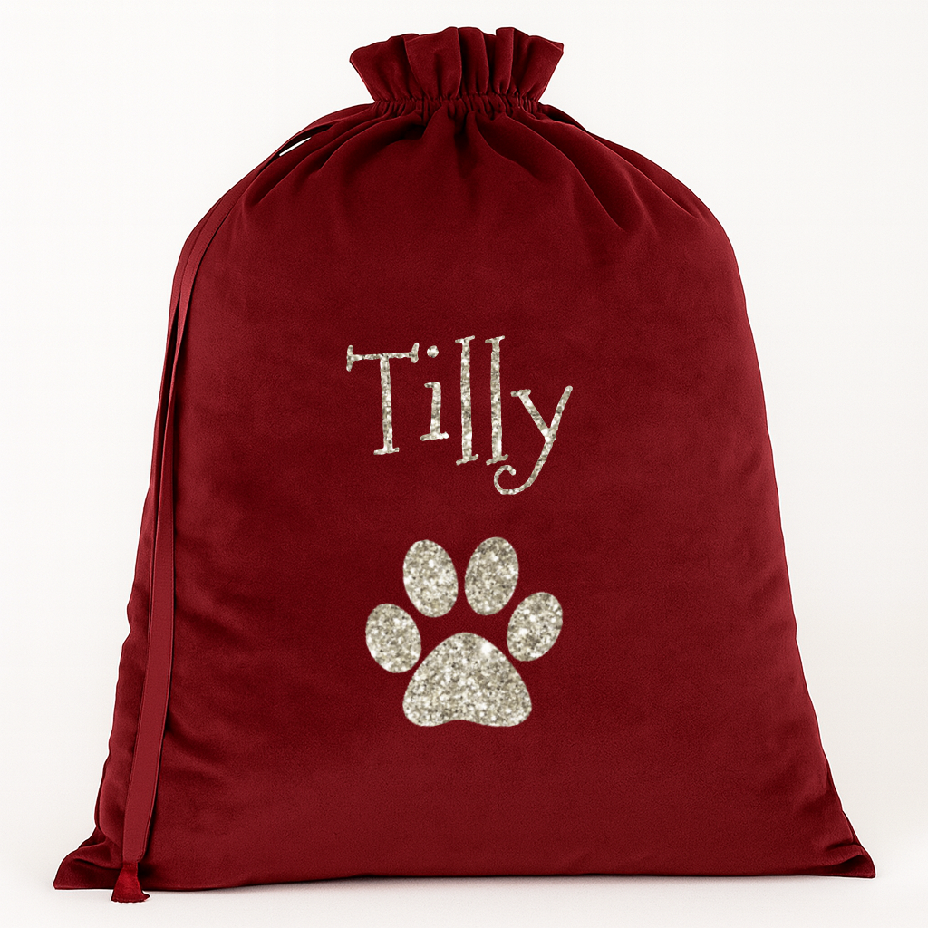 Named Velvet Dog Christmas Sack with Glitter Paw