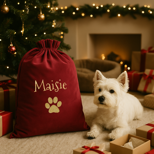 Named Velvet Dog Christmas Sack with Glitter Paw