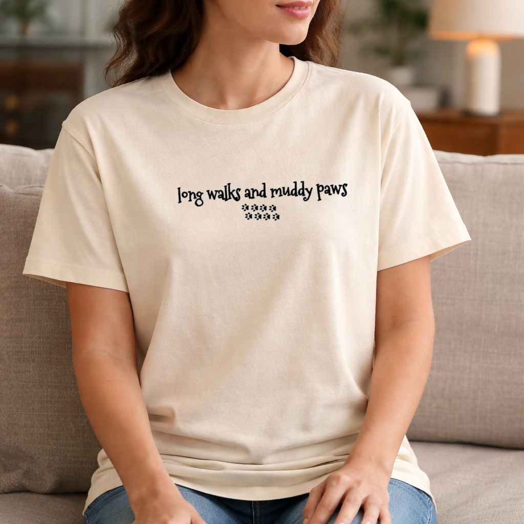 Long Walks & Muddy Paws T-Shirt - Natural Colour - Size L 41" (UK 16-18)