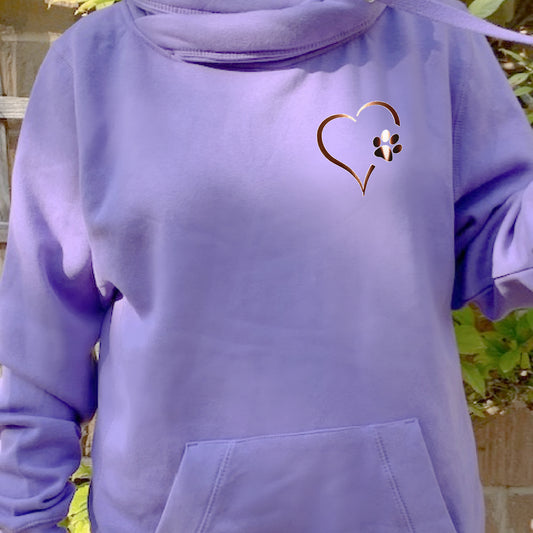 Rose Gold Heart and Paw Luxury Cowl Neck Hoodie - Lavender Size XXL - (UK 22-24)