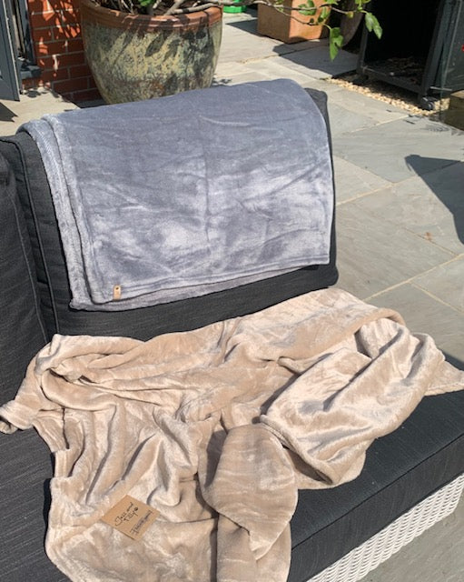 silver grey and camel pet blanket