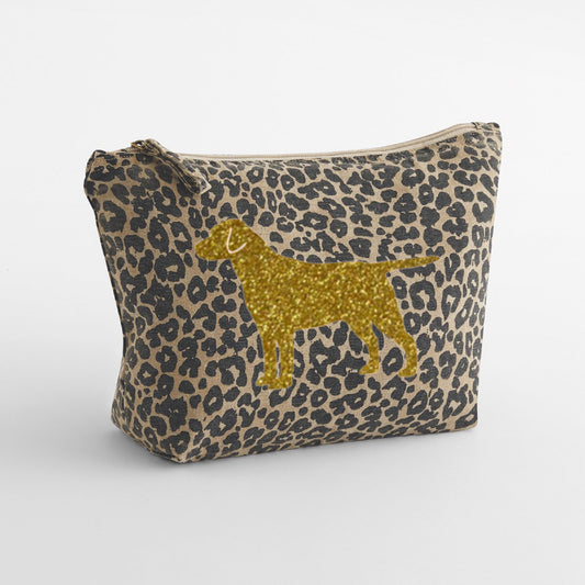 Leopard Print Canvas Accessory Pouch with Gold Glitter Labrador