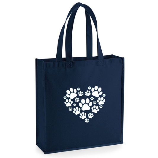 Paw Print Heart Navy Canvas Tote Bag - 39x42x13cm