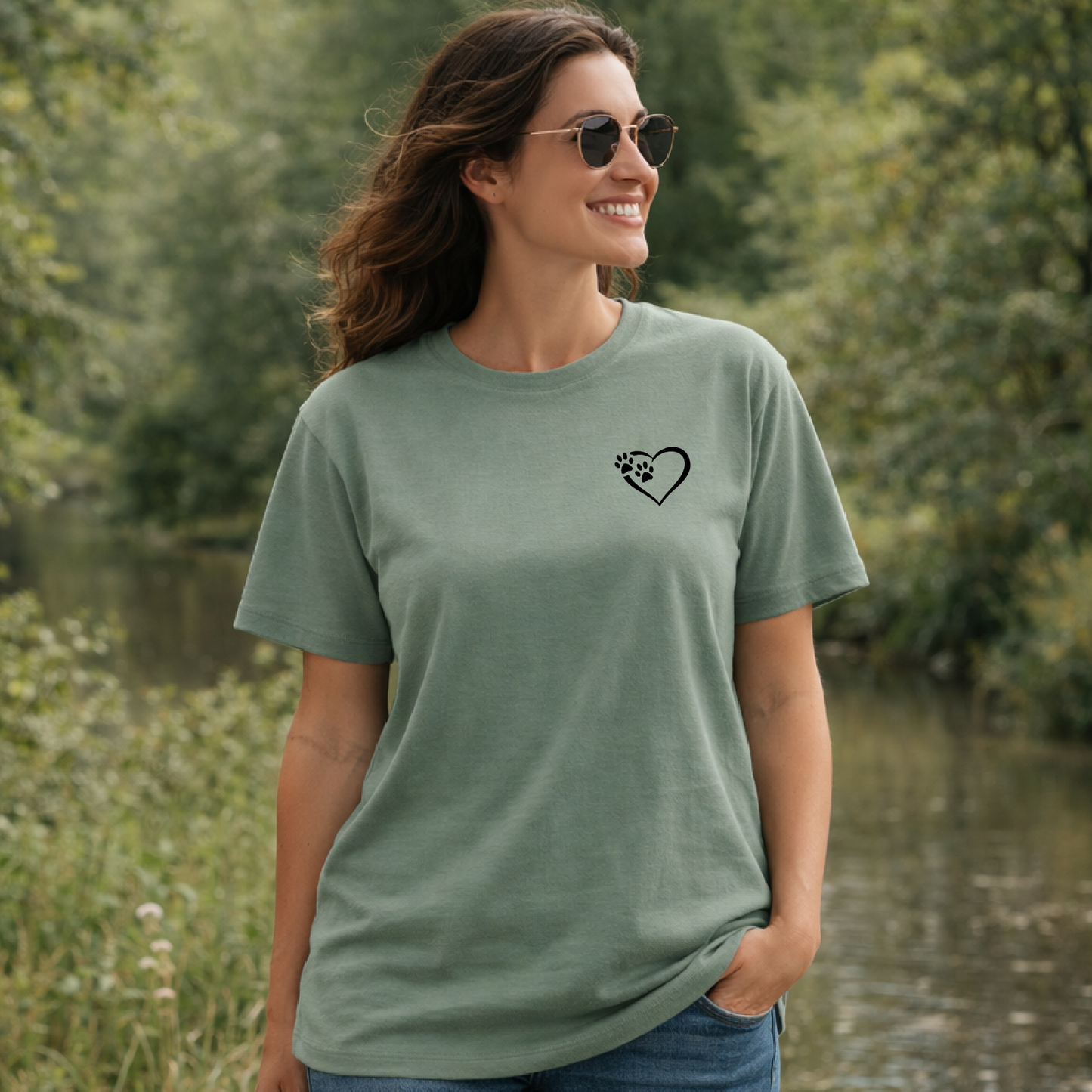 Heart and Paws T-Shirt - Sage Size XL - UK 20 (43")