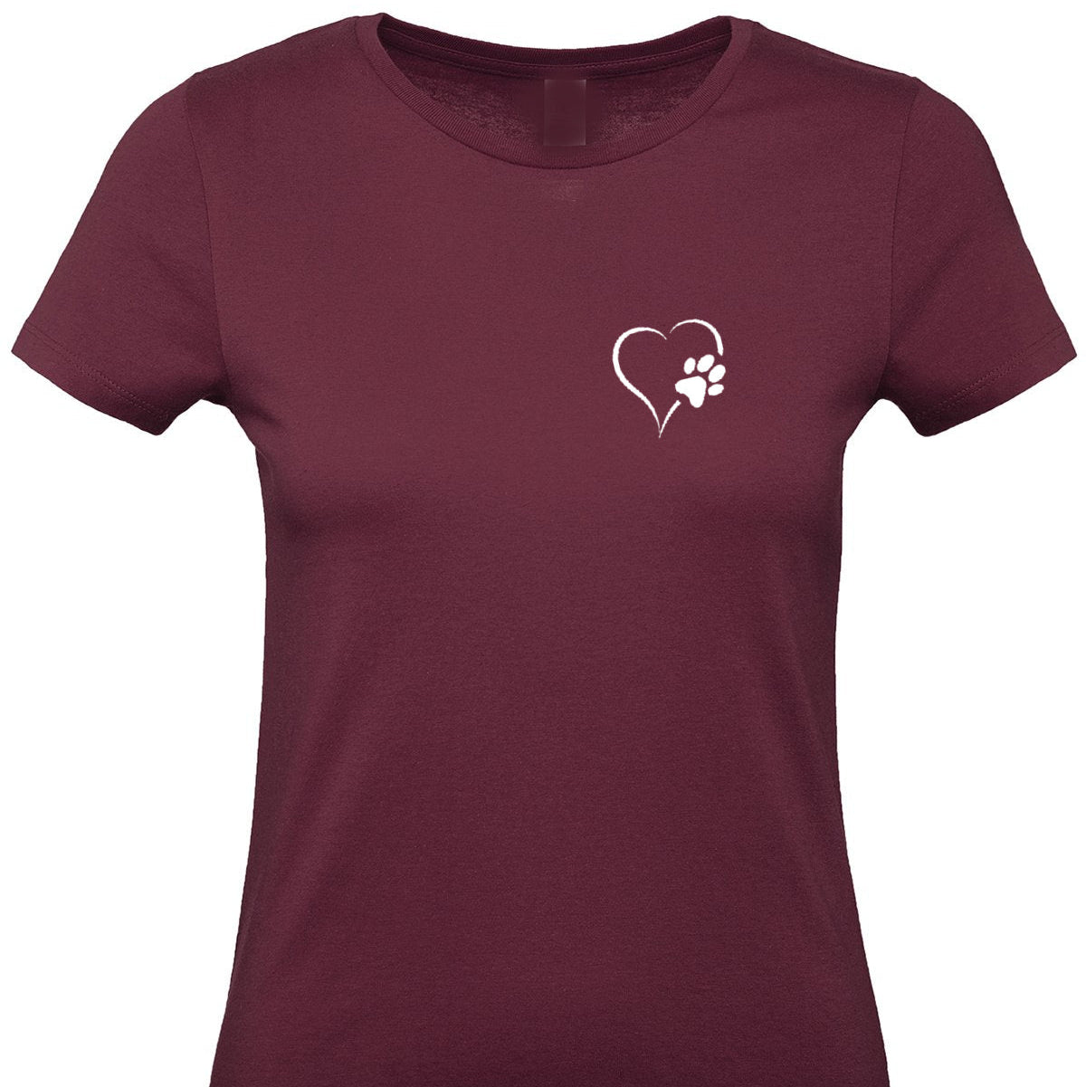 Maroon t-shirt with a white heart and paw print design on a white background