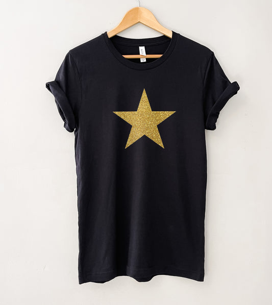 Star T-Shirt - Black with Gold Glitter Star - Size L - UK 16-18 (41")