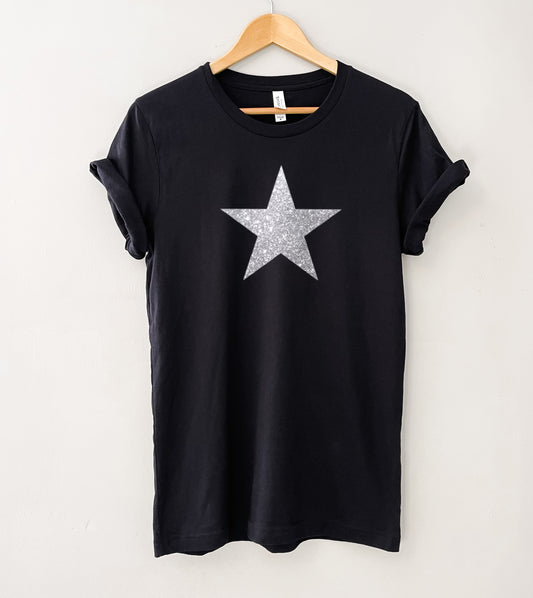 Star T-Shirt - Black with Silver Glitter Star - Size L - UK 16-18 (41")